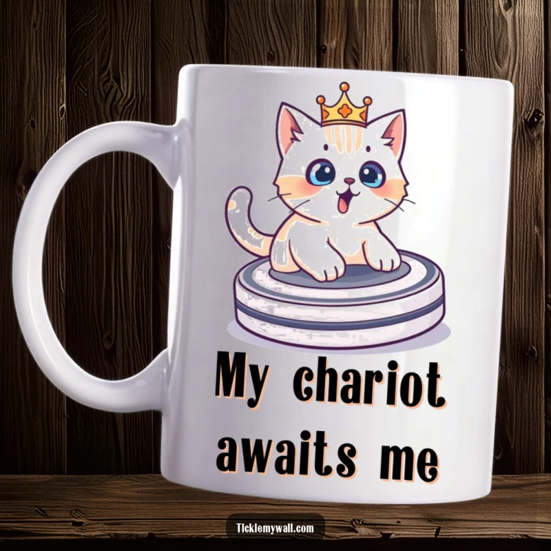 Funny cat wearing a tiny crown rides a Roomba with a look of surprise making it a hilarious and relatable gift.