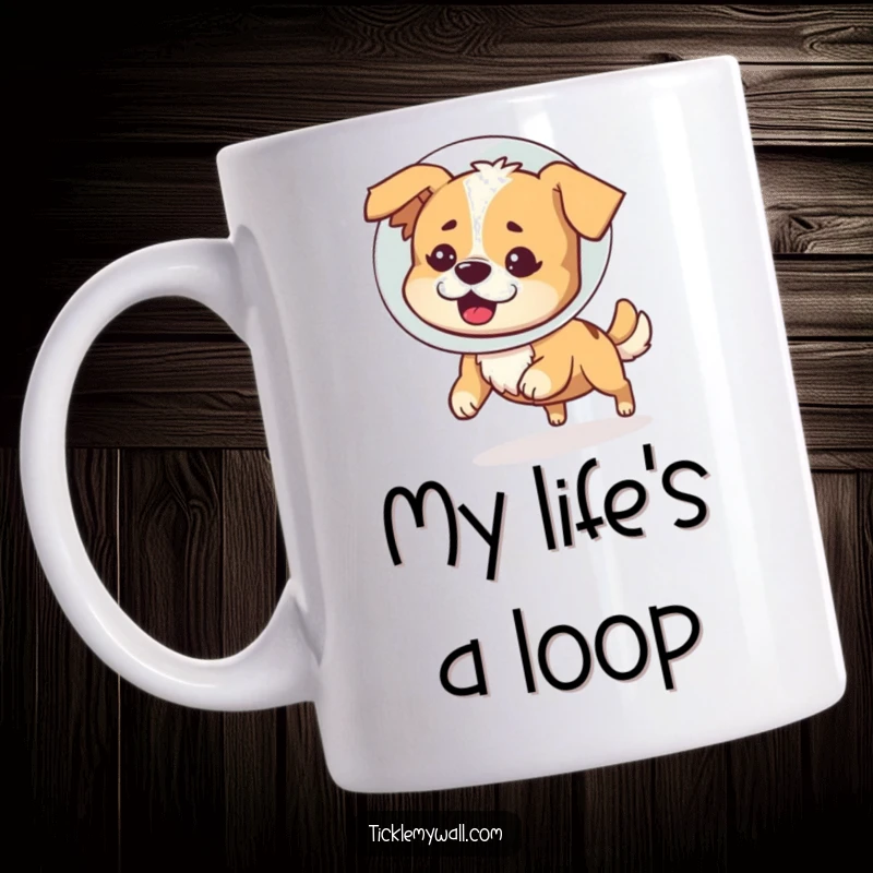 Funny ceramic mug showing a bewildered dog in a cone of shame comically chasing its tail, a hilarious gift for any pet owner.