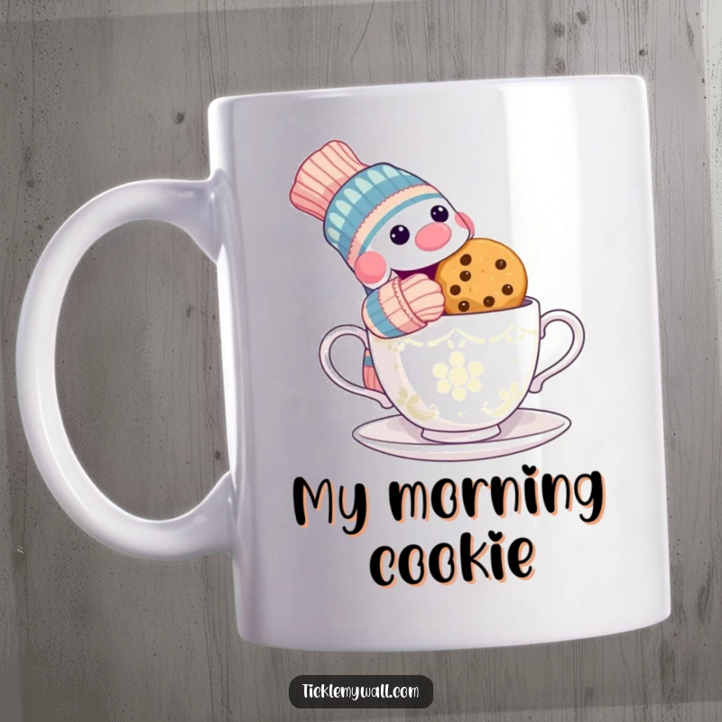 Funny mug depicting a mischievous sock puppet stealing a cookie from a surprised teacup, a humorous kitchen item.