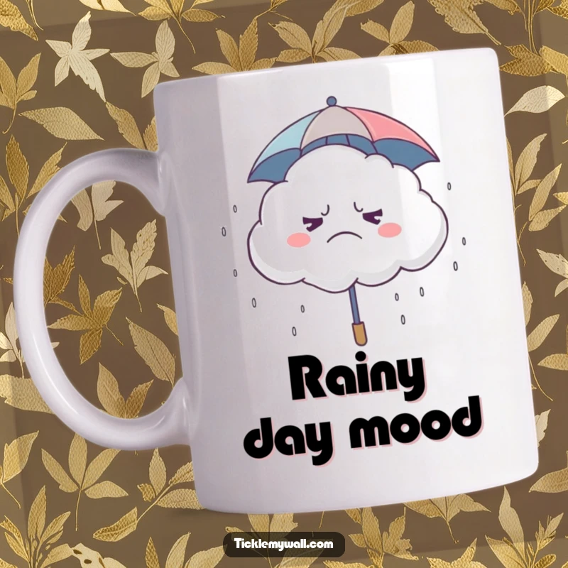 Funny Grumpy Cloud Mug, a cloud with a frown under a tiny umbrella, raining drops of giggles, humorous gift.