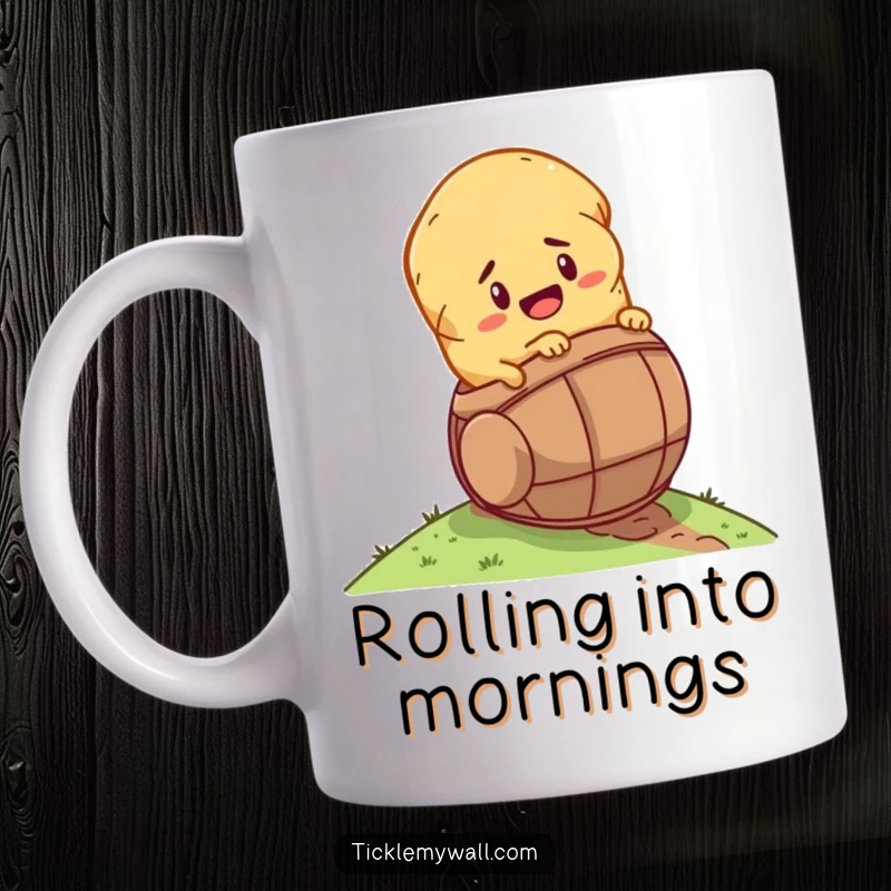 Funny determined potato rolling down a hill in a tiny barrel, depicted on a mug for adventurous humor.