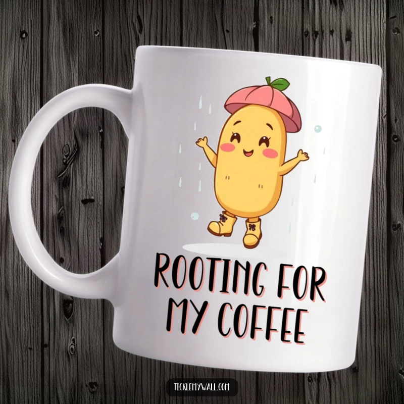 Funny Dancing Potato Boots Rain Mug: A cheerful potato in boots dances joyfully in the rain, a funny gift.
