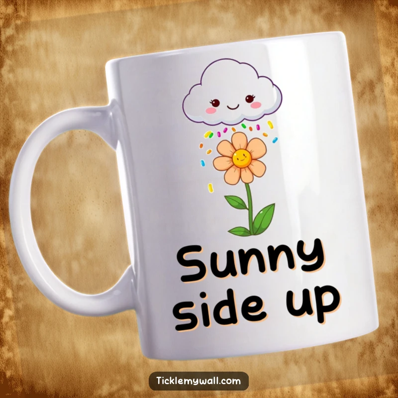 Funny mug: a smiling cloud happily raining colorful sprinkles down upon a joyful, blooming flower.