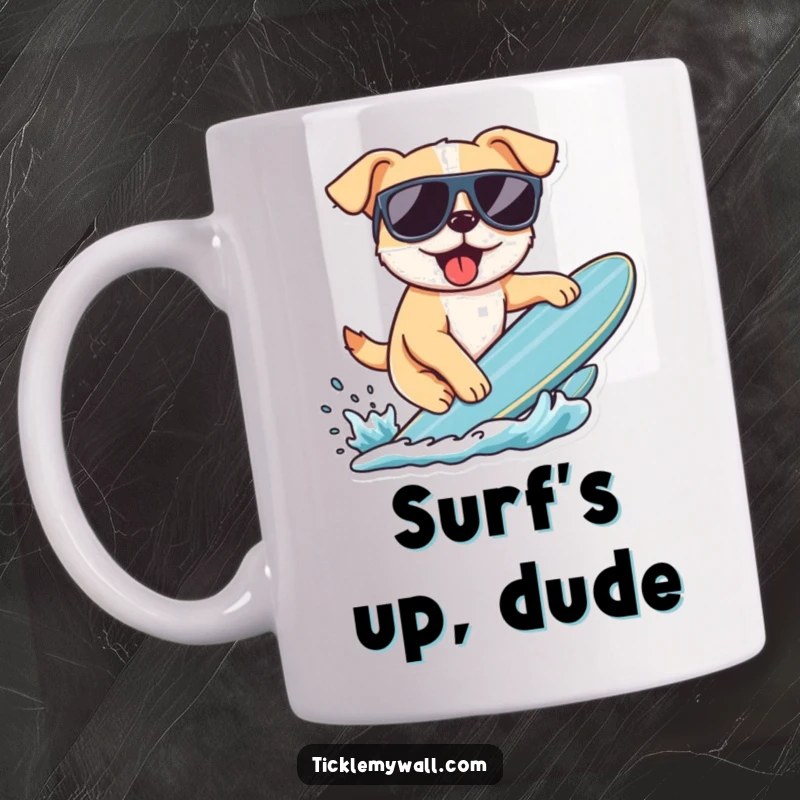 Funny mug with a dog wearing sunglasses, balancing precariously on a surfboard. Captures a moment of hilarious, determined, yet failed surfing.