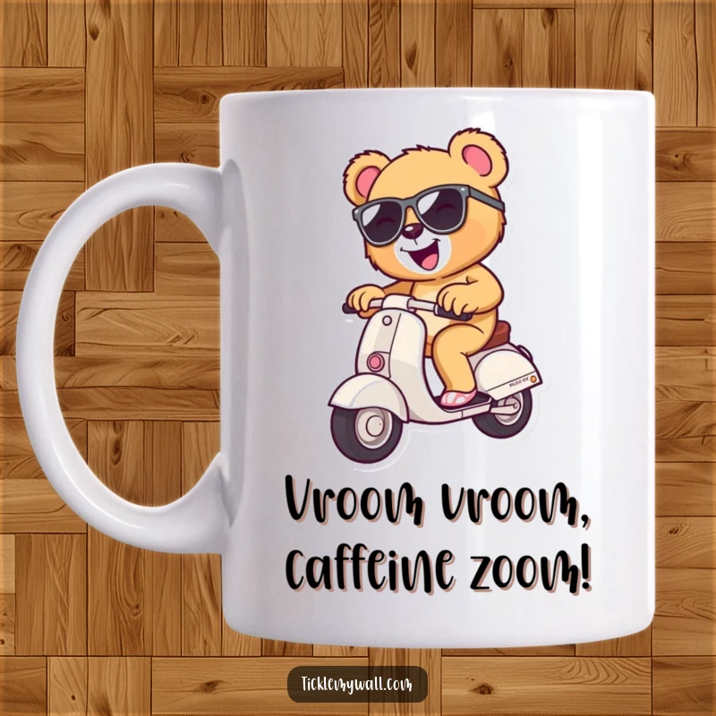 Funny teddy bear wearing sunglasses, joyfully riding a small scooter on a mug, perfect for coffee lovers seeking humor.