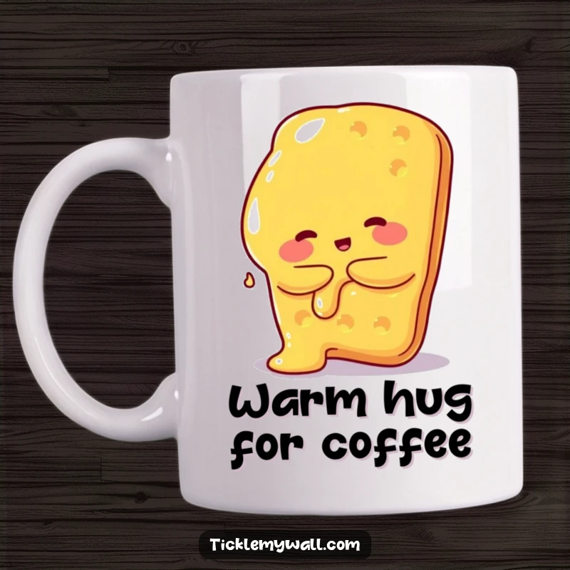Funny mug depicting a charming blob of melted cheese giving a warm hug to a giant cracker, food themed.