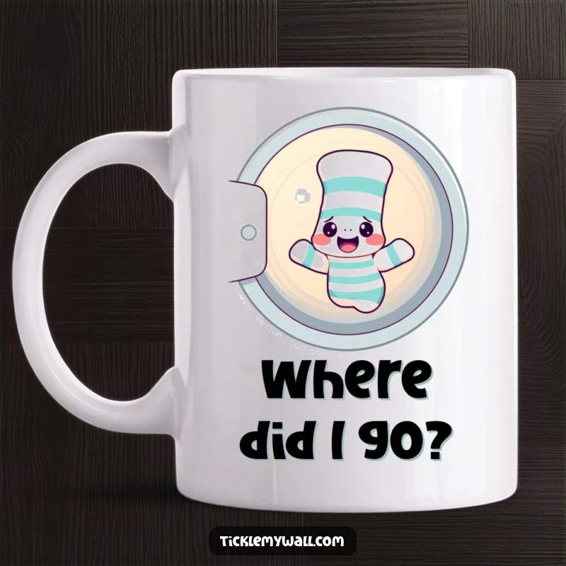 Funny confused sock mug showing a bewildered sock spinning in a dryer alongside a sock puppet, a humorous laundry mishap.