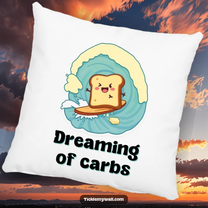 Funny pillow showcasing a piece of toast enthusiastically surfing a giant wave of butter, a cozy breakfast theme.