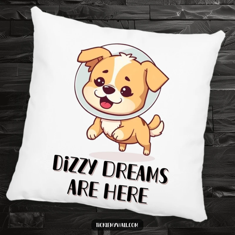 Funny throw pillow featuring a confused dog in a cone of shame comically chasing its tail, providing comfort and humor.