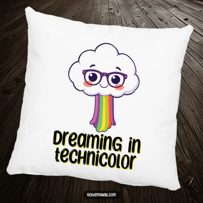 Soft, plush pillow showcasing a funny, happy cloud character with spectacles, spilling a beautiful rainbow, perfect for lounging.
