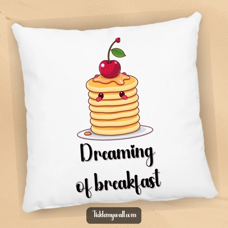 Funny wobbly stack of pancakes attempting to balance a cherry, as a soft and humorous decorative pillow.