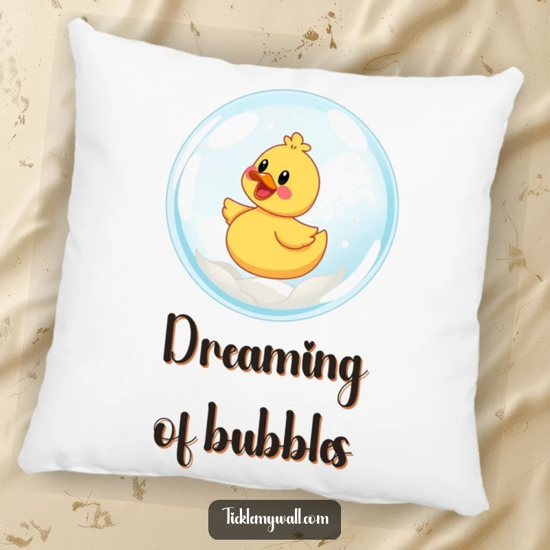 Funny pillow showing a happy rubber ducky floating on a giant, translucent bubble.