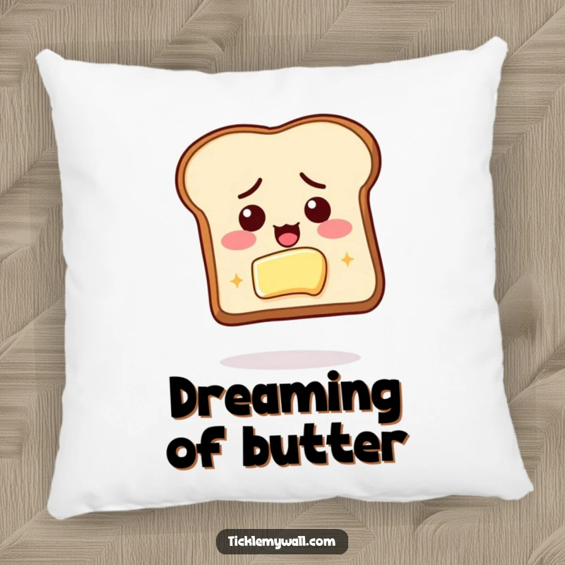 Funny pillow featuring determined toast reaching for butter, offering comfort and a humorous breakfast-themed reminder.