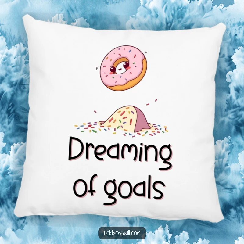 Funny donut pillow showing a motivated donut jumping over sprinkles, providing soft comfort and humorous decoration.