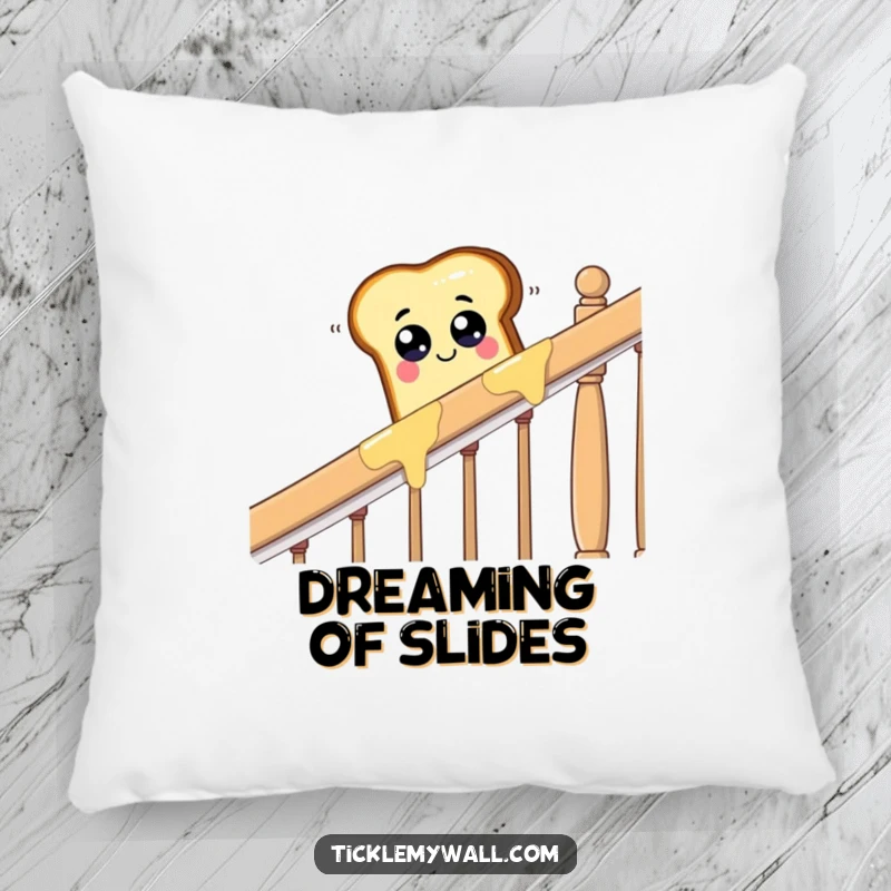 Funny piece of toast with googly eyes sliding down a buttered banister, a decorative and humorous pillow.
