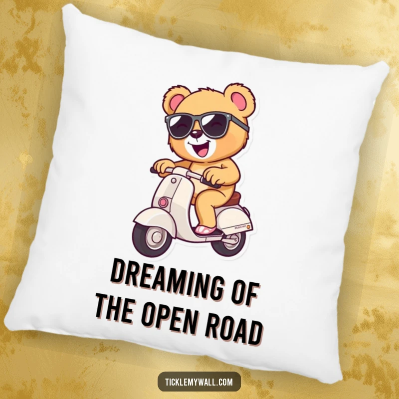 Funny excited teddy bear with sunglasses riding a tiny scooter, soft decorative pillow for sofas and beds, humorous.
