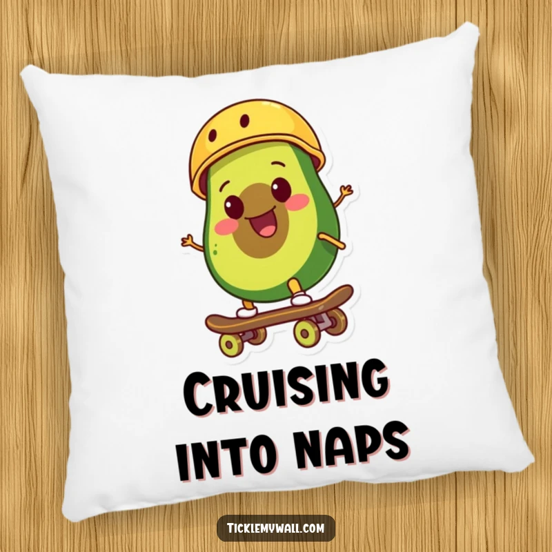 Funny smiling avocado wearing a tiny helmet rides a skateboard with a cool, determined expression on a soft decorative pillow.