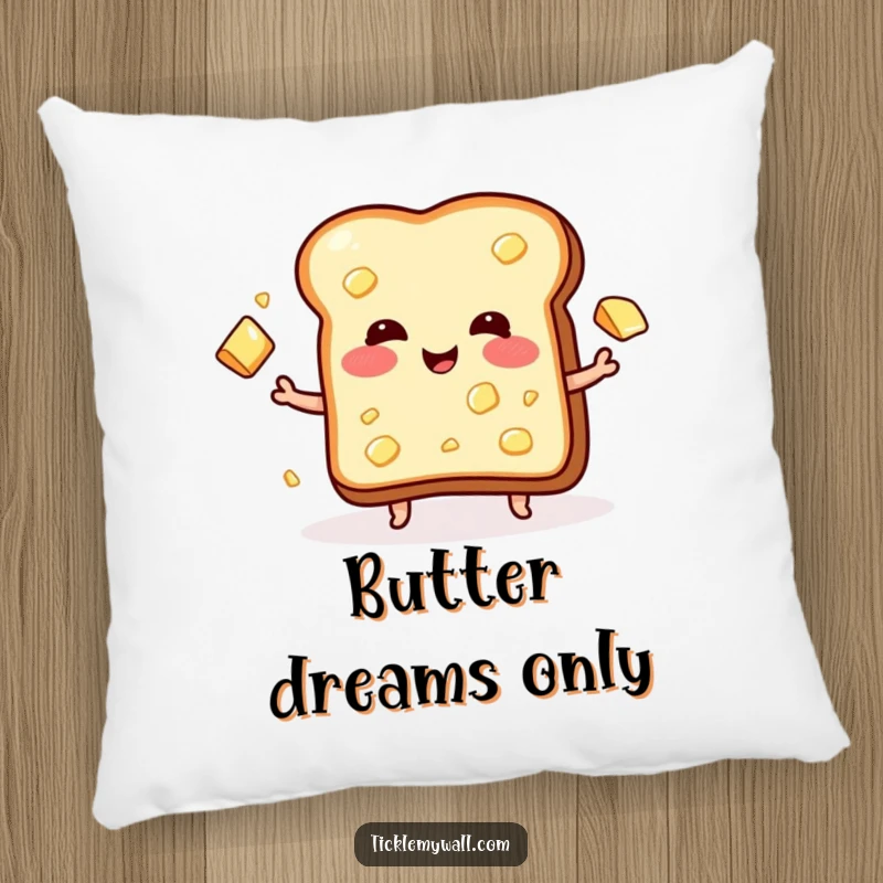 Funny pillow with a blushing piece of toast, eyes wide with glee, simultaneously juggling multiple pats of butter.