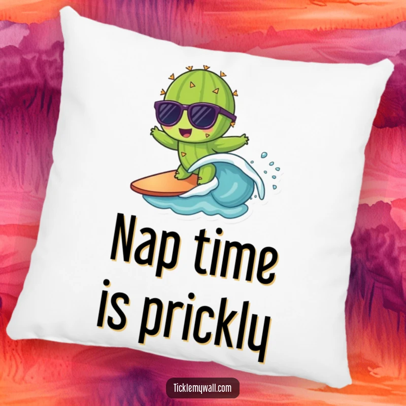 Funny pillow featuring a cactus wearing sunglasses, surfing a small wave, a comfortable and humorous decorative item.
