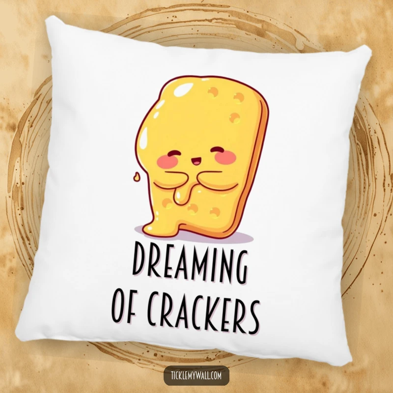 Funny pillow design of a melted cheese blob hugging a giant cracker, cozy and perfect for food lovers.
