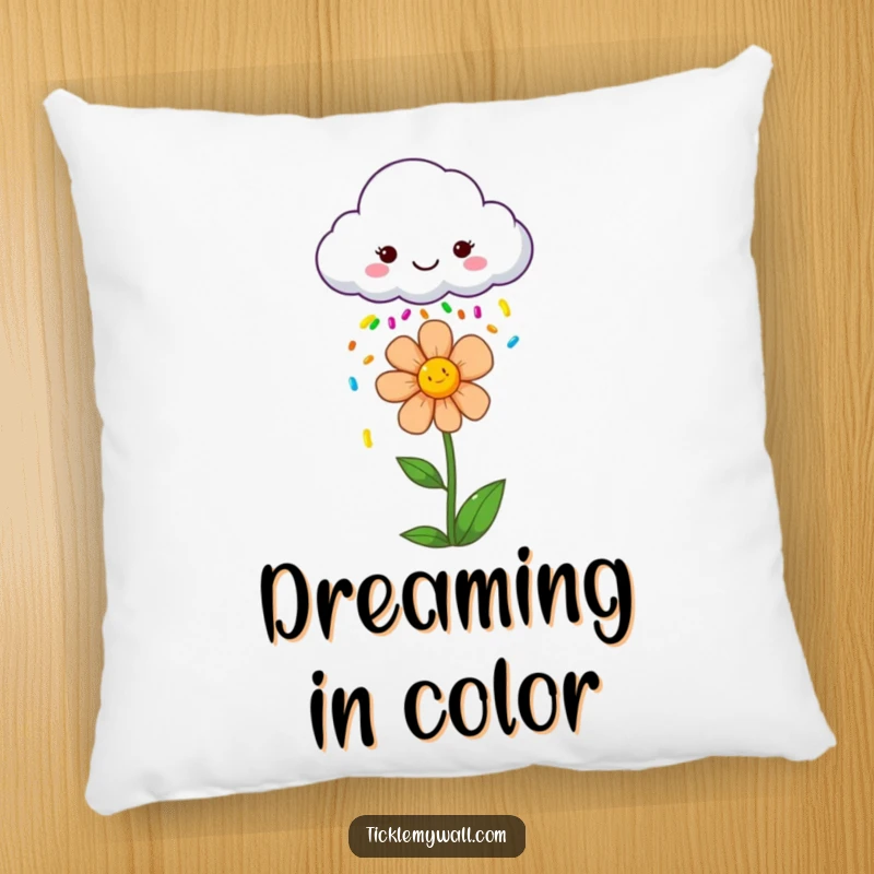 Funny pillow featuring a smiling cloud raining colorful sprinkles onto a joyful flower, offering comfort and a splash of happiness.