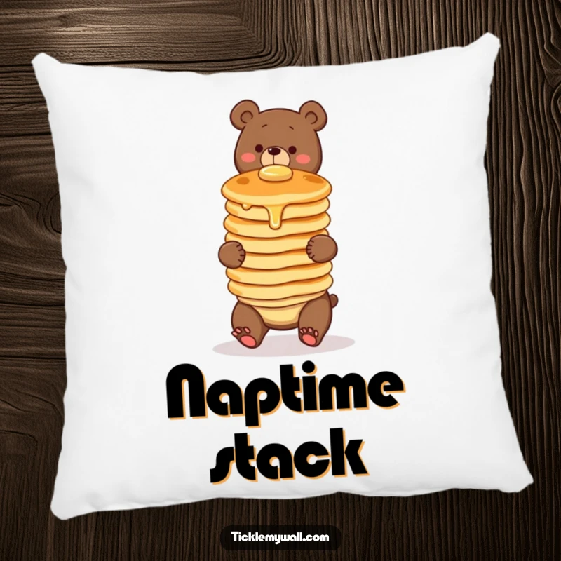 Funny pillow with a clumsy bear character comically balancing a wobbly stack of three pancakes. Cozy, comforting, and full of breakfast humor.