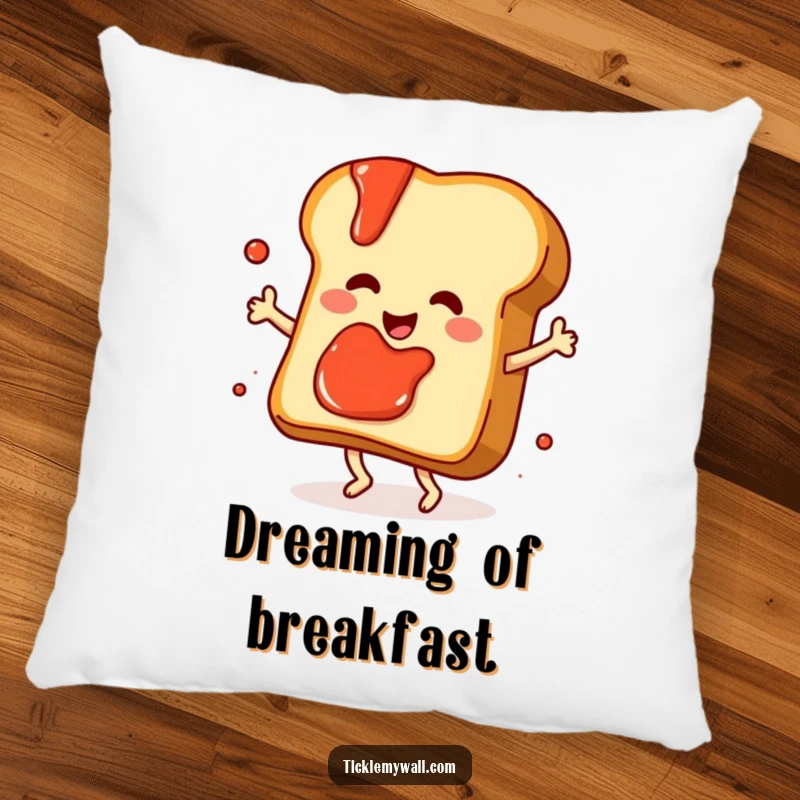 Funny dancing slice of toast with jam splattering playfully, as a soft and humorous decorative pillow.