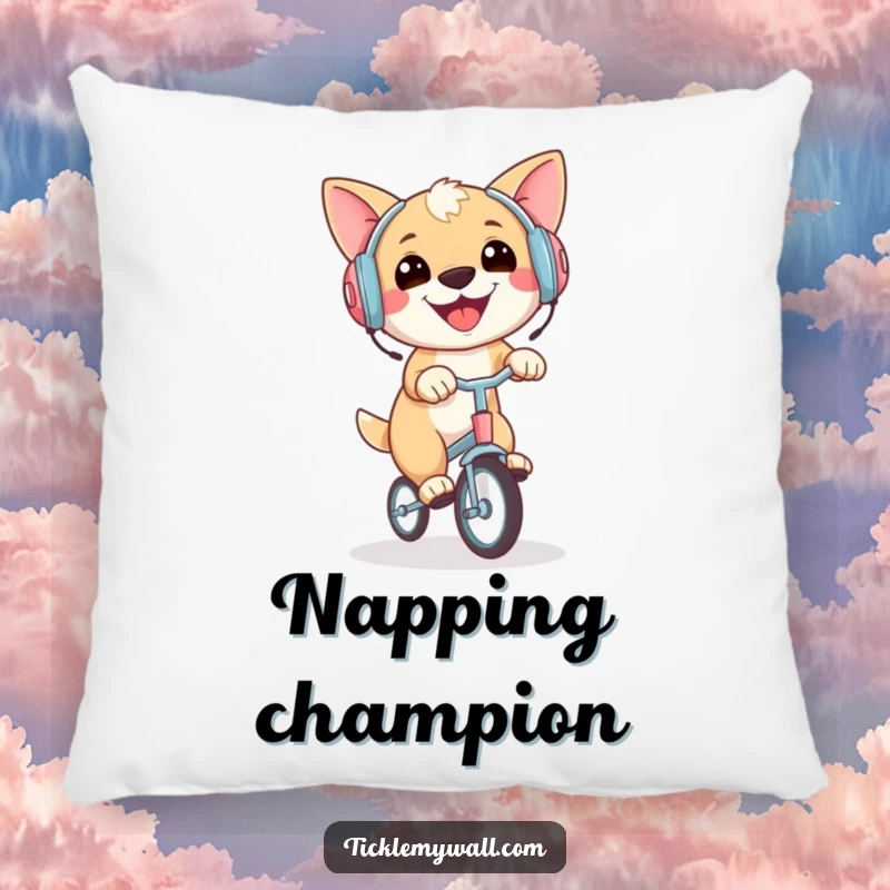 Funny pillow showcasing a gleeful dog in earmuffs riding a miniature unicycle, bringing comfort and comedic charm to any room.