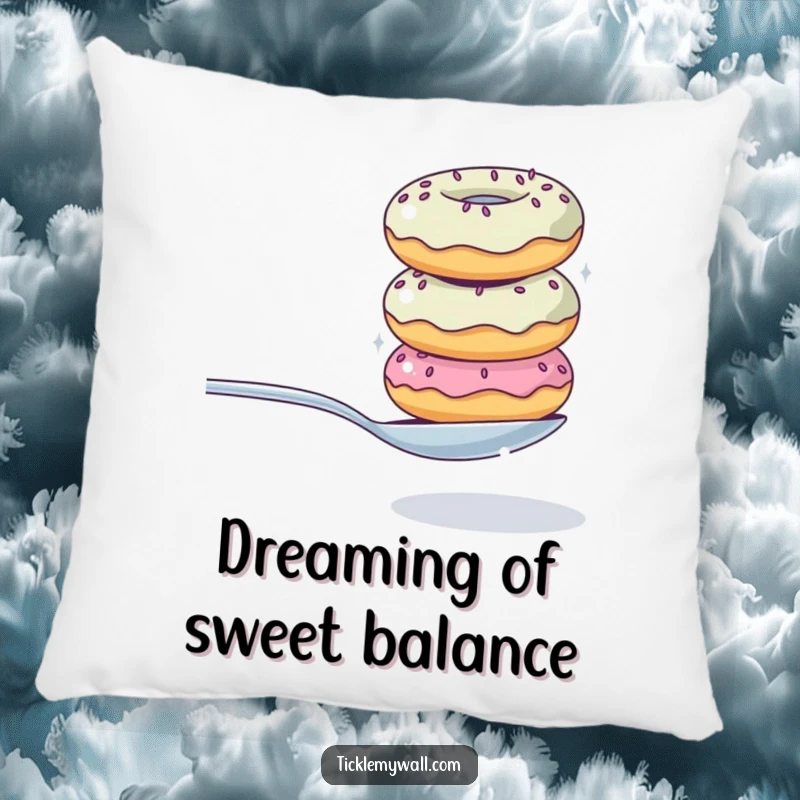 Funny pillow showcasing a humorous illustration of a wobbly donut stack trying to balance a spoon, perfect for cozy, comical relaxation.