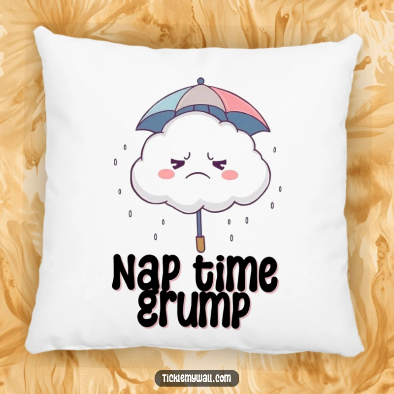 Funny Grumpy Cloud Pillow, a soft cushion featuring a grumpy cloud with a tiny umbrella, raining giggles for humorous comfort.