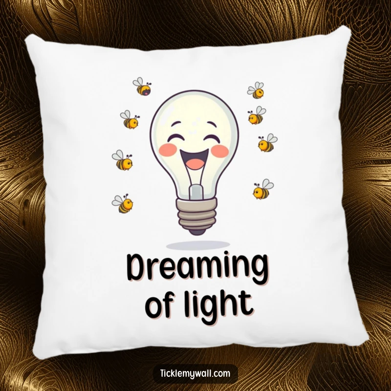 Funny laughing lightbulb juggling tiny buzzing bees, designed on a cozy pillow for humorous decor.
