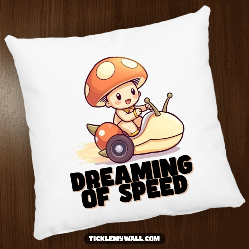 Funny Mushroom Snail Pillow, a soft cushion featuring a mushroom riding a snail like a race car, for humorous relaxation.
