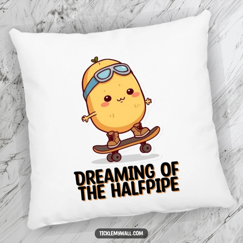 Funny Potato Skater Pillow: A determined potato character on a skateboard, offering comfort and a dash of daring humor.