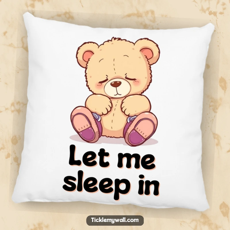 Funny pillow featuring a sleepy teddy bear hilariously wearing shoes on its paws, designed for cozy, comical relaxation and comfort.