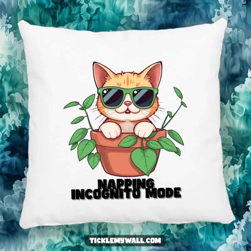 Funny surprised cat wearing oversized sunglasses peeking from a potted plant, as a soft and humorous decorative pillow.