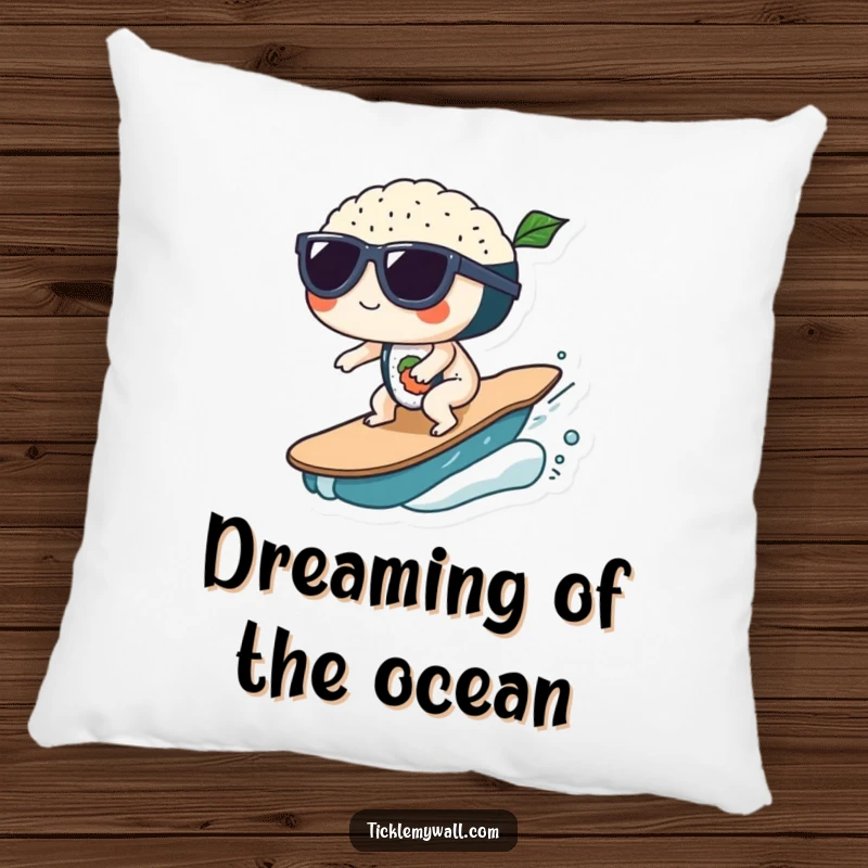 Funny Sushi Wave Sunglasses Pillow: Sushi rolls with sunglasses ride a wave, offering funny relaxation.