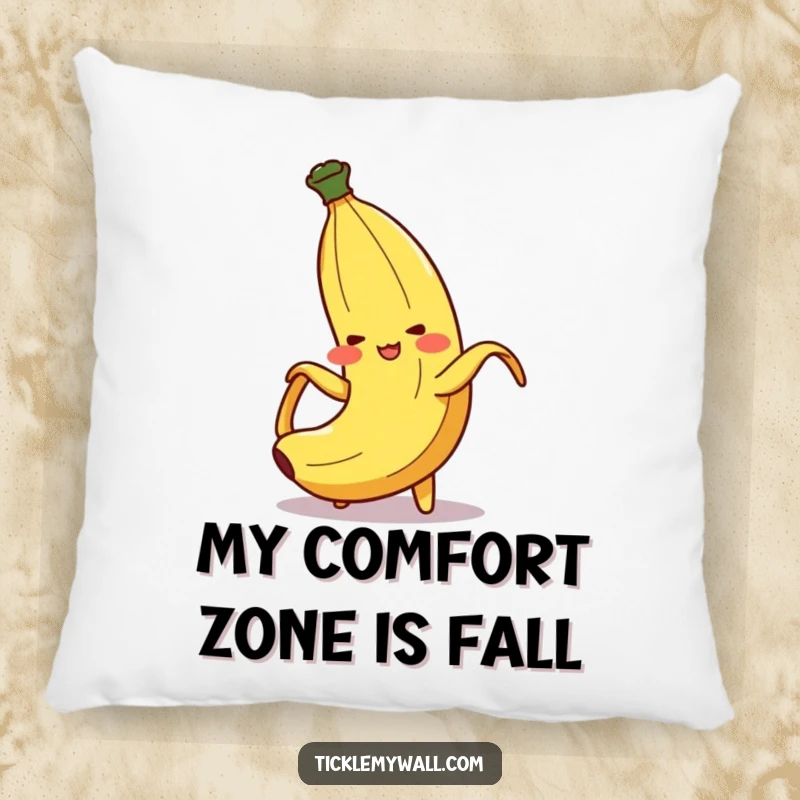 Funny Banana Peel Slip Pillow: A blushing banana peel character comically slipping, offering a soft place for humorous thoughts.