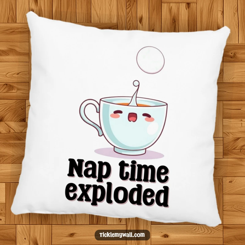 Funny startled teacup spilling a single, large bubble, as a soft and humorous decorative pillow.