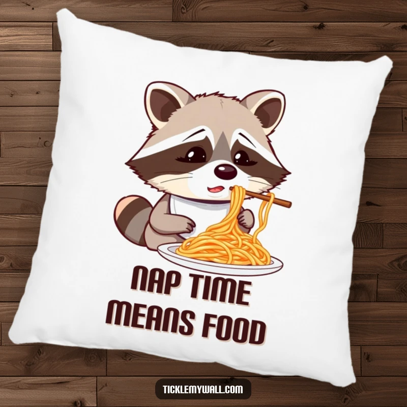 Funny confused raccoon wearing a bib attempting to eat spaghetti with chopsticks, a decorative and humorous pillow.