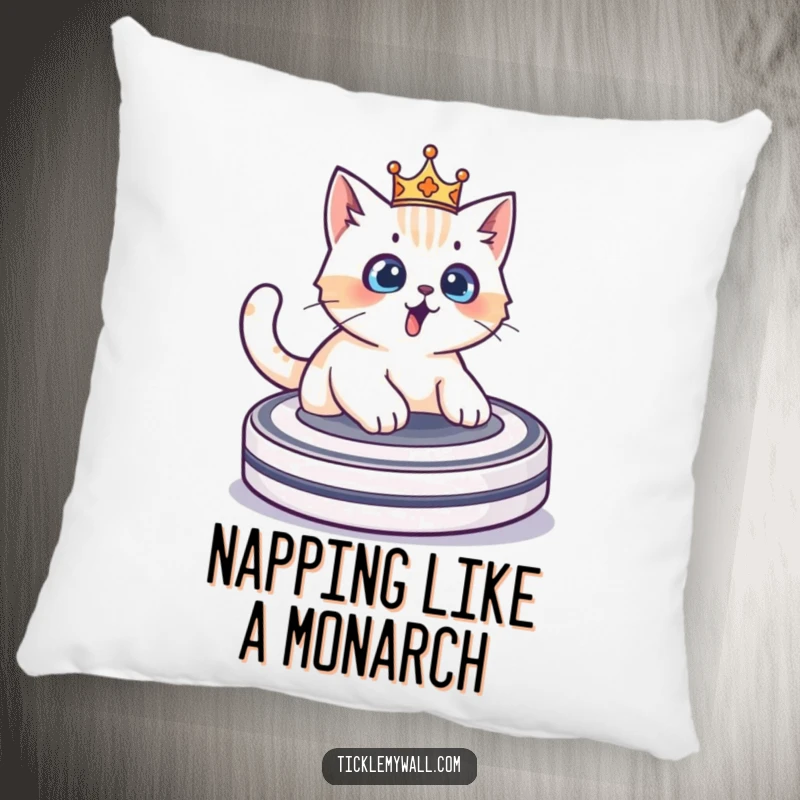 Funny surprised cat wearing a crown riding a Roomba, a soft and humorous decorative pillow for sofas and beds.