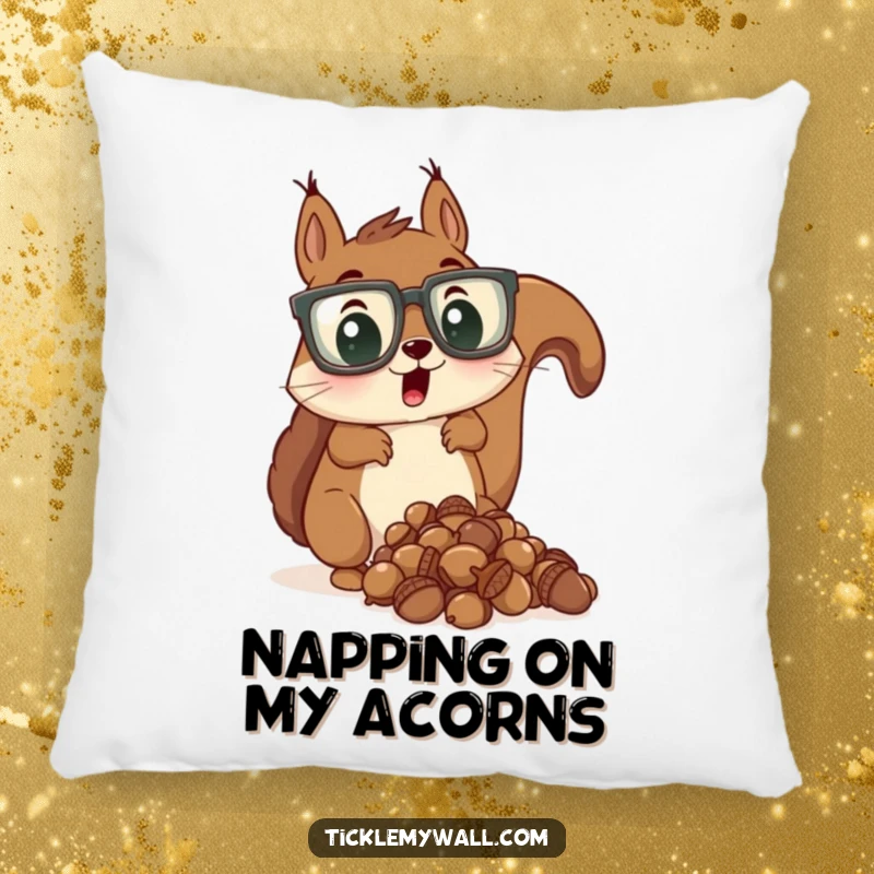 Funny pillow featuring a surprised squirrel wearing oversized glasses, dropping a pile of acorns, promoting comfort and humor.