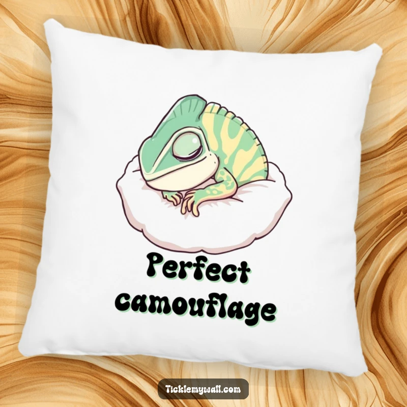Funny Chameleon Pillow Pillow, a plush cushion featuring a chameleon camouflaged as a pillow, emitting soft snores.
