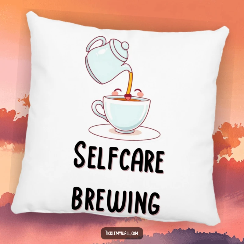 Funny pillow with a happy teacup character comically pouring itself a drink from a teapot. Cozy, comforting, and full of beverage-related humor.