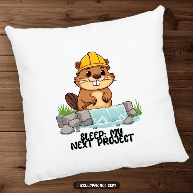 Funny pillow showcasing a goofy beaver in a hard hat building a wonky dam, offering comfort and cheer.