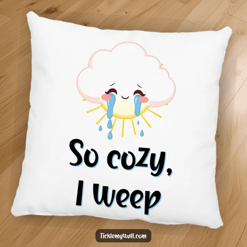 Funny fluffy cloud weeping tears of joy onto a sun, soft pillow, whimsical home decor item.