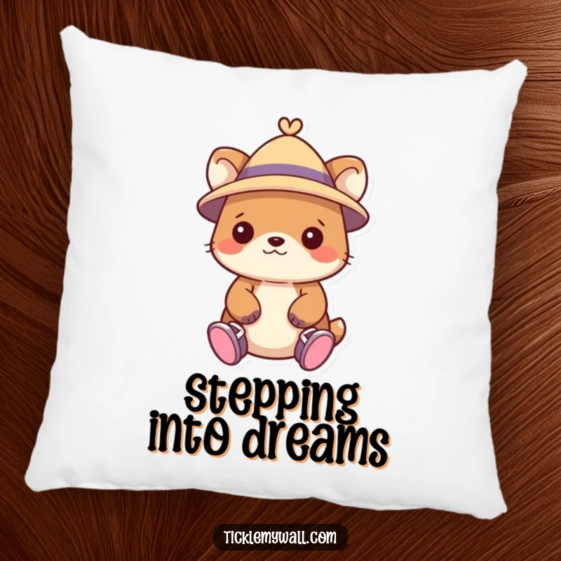 Funny pillow with a lovable animal character wearing a small hat and comically having shoes on its hands.
