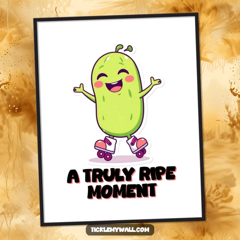 Funny Laughing Pickle Roller Skate Digital Art Print: A laughing pickle spins on skates, instant funny art.