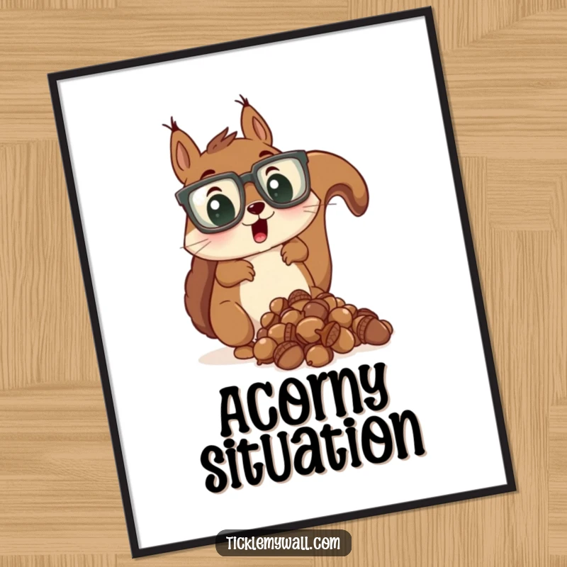 Funny digital art print of a surprised squirrel wearing oversized glasses, dropping a pile of acorns, symbolizing humor.