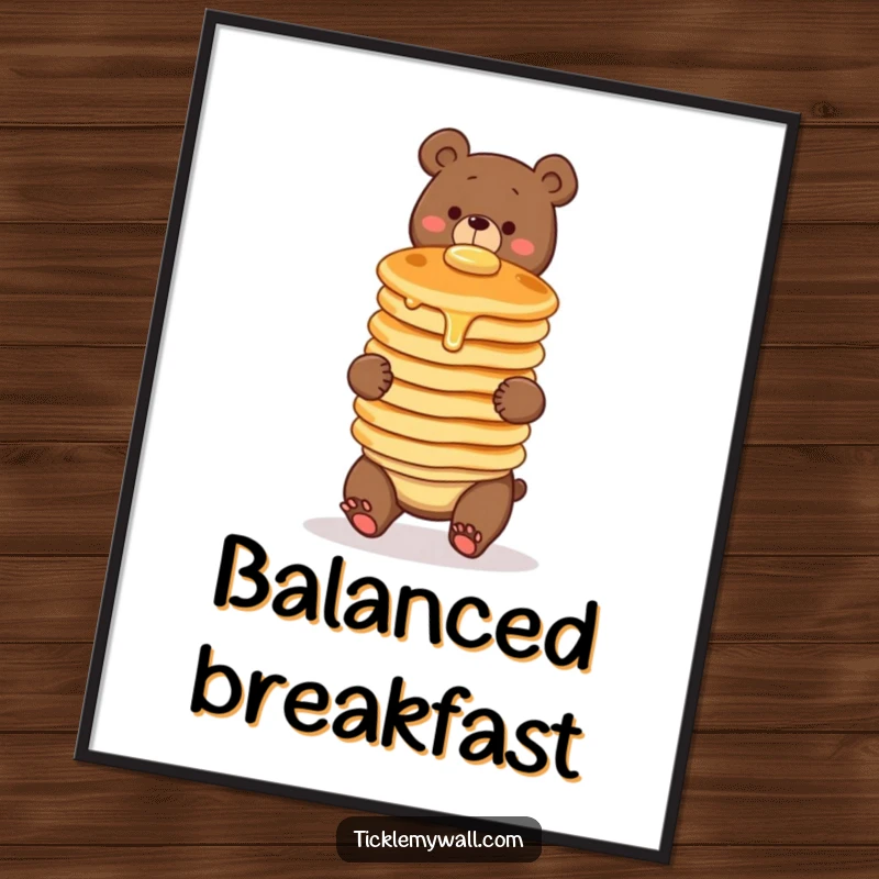 Funny digital art. A clumsy bear comically attempts to balance a wobbly stack of three pancakes. Whimsical breakfast-themed wall decor.