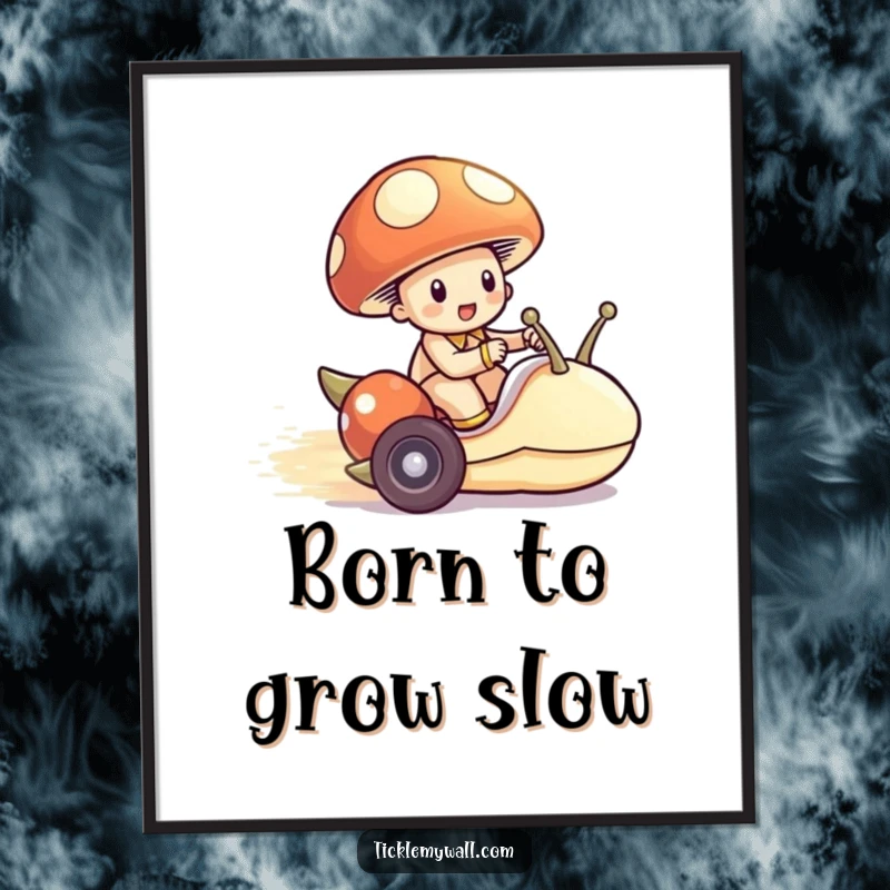 Funny Mushroom Snail Digital Art Print, a tiny mushroom riding a snail like a speedy race car, humorous wall art.